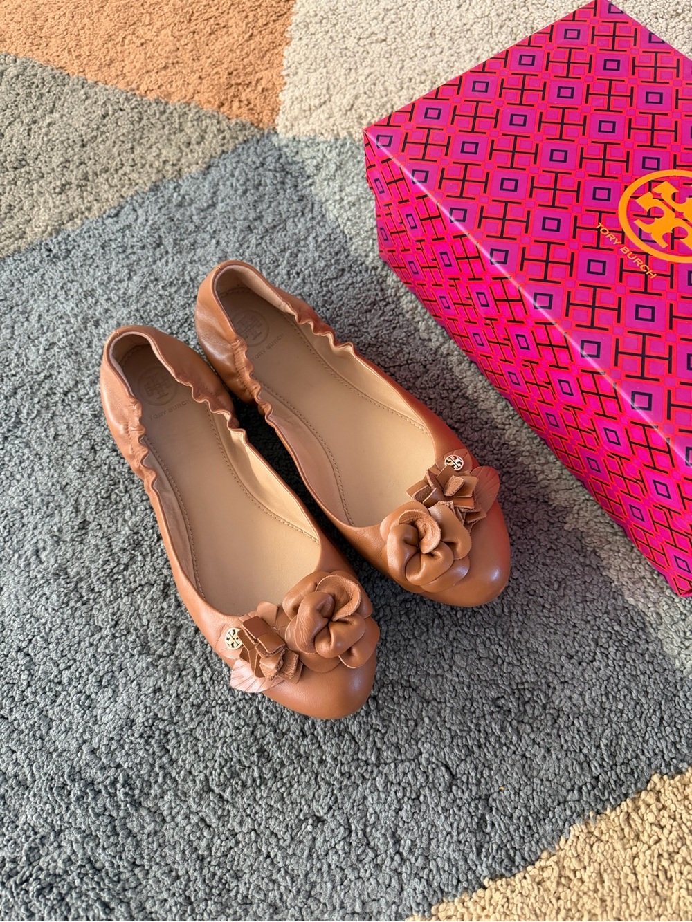 Tory Burch Royal Tan Classic Sheep Blossom Ballet Flats